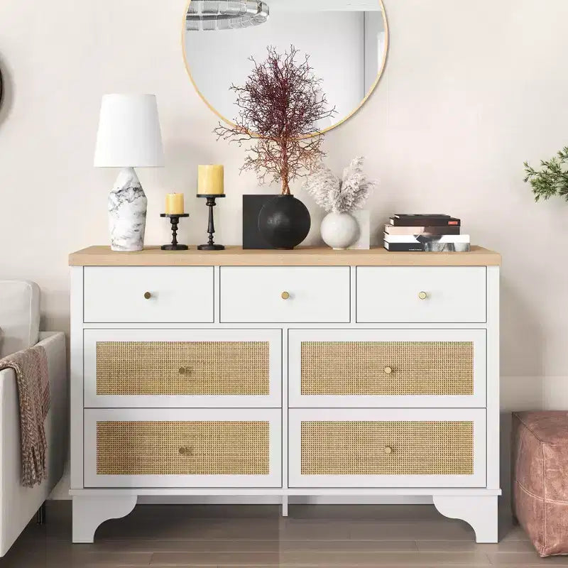 Commode de chambre à 7 tiroirs, commode en bois de 120 cm de large, meuble TV, organisateur de rangement autoportant