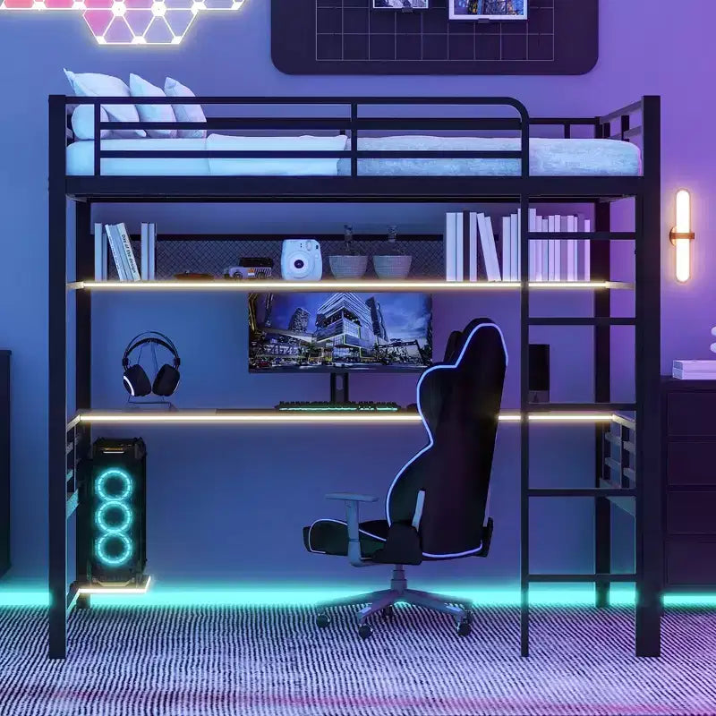 ModernLuxe Lit mezzanine en métal pleine grandeur avec étagère de rangement, lumière LED et bureau, lit mezzanine peu encombrant avec maille en fer, pas besoin de sommier, noir