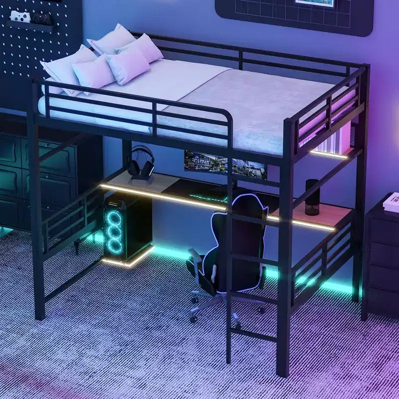 ModernLuxe Lit mezzanine en métal pleine grandeur avec étagère de rangement, lumière LED et bureau, lit mezzanine peu encombrant avec maille en fer, pas besoin de sommier, noir
