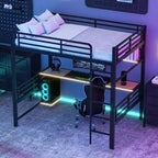 ModernLuxe Lit mezzanine en métal pleine grandeur avec étagère de rangement, lumière LED et bureau, lit mezzanine peu encombrant avec maille en fer, pas besoin de sommier, noir