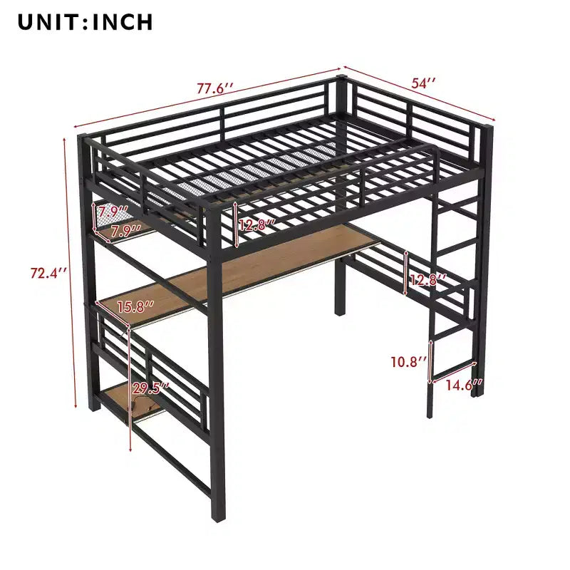 ModernLuxe Lit mezzanine en métal pleine grandeur avec étagère de rangement, lumière LED et bureau, lit mezzanine peu encombrant avec maille en fer, pas besoin de sommier, noir