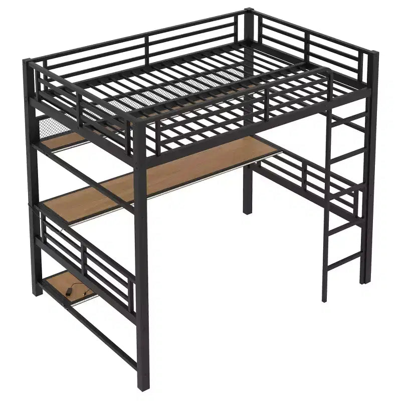 ModernLuxe Lit mezzanine en métal pleine grandeur avec étagère de rangement, lumière LED et bureau, lit mezzanine peu encombrant avec maille en fer, pas besoin de sommier, noir