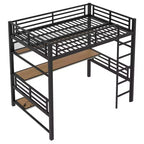 ModernLuxe Lit mezzanine en métal pleine grandeur avec étagère de rangement, lumière LED et bureau, lit mezzanine peu encombrant avec maille en fer, pas besoin de sommier, noir