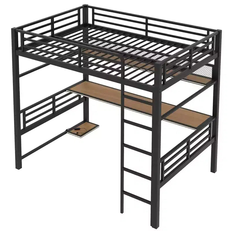 ModernLuxe Lit mezzanine en métal pleine grandeur avec étagère de rangement, lumière LED et bureau, lit mezzanine peu encombrant avec maille en fer, pas besoin de sommier, noir