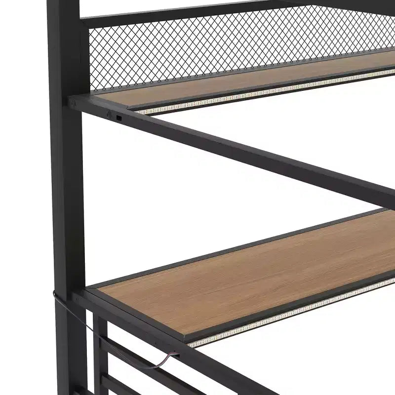 ModernLuxe Lit mezzanine en métal pleine grandeur avec étagère de rangement, lumière LED et bureau, lit mezzanine peu encombrant avec maille en fer, pas besoin de sommier, noir
