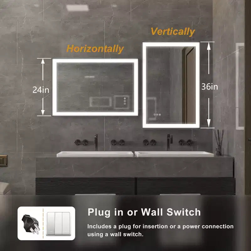 Miroir de salle de bain / de vanité en verre trempé anti-buée Maxax moderne avec éclairage LED encadré en aluminium spatial à intensité variable
