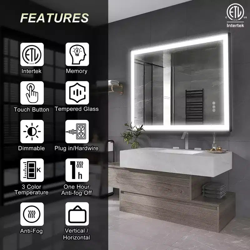 Miroir de salle de bain / de vanité en verre trempé anti-buée Maxax moderne avec éclairage LED encadré en aluminium spatial à intensité variable