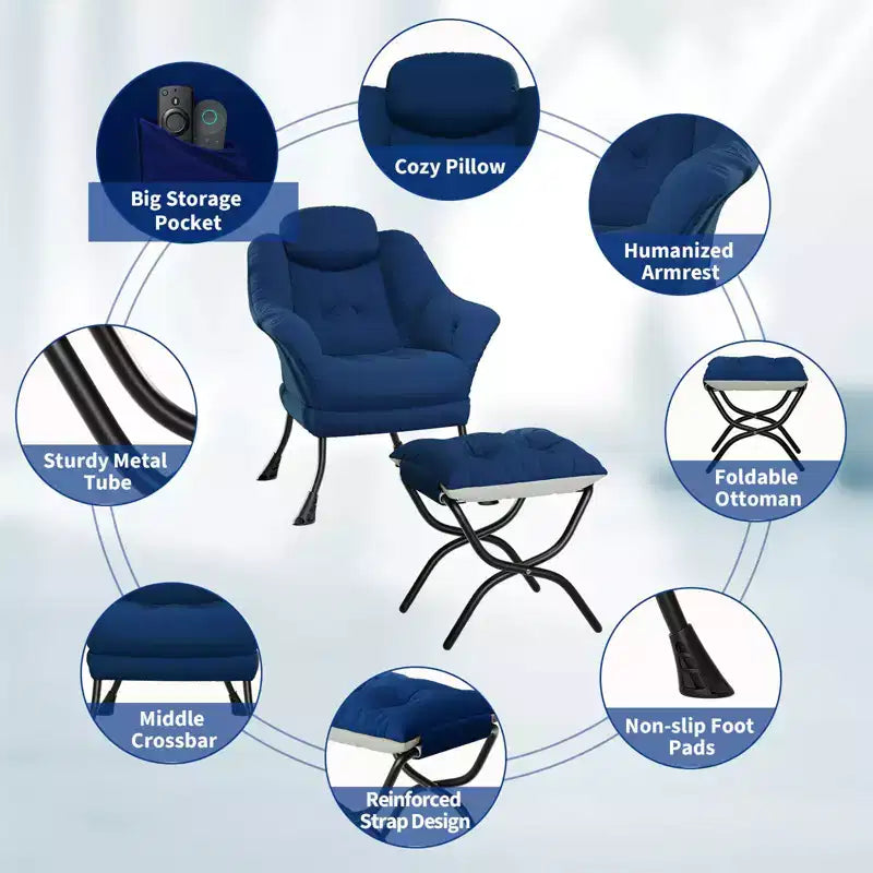 Fauteuil confortable GustoWave avec repose-pieds pliant, fauteuil de lecture en velours pour adultes, meuble d'appoint compact