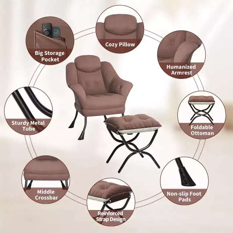 Fauteuil confortable GustoWave avec repose-pieds pliant, fauteuil de lecture en velours pour adultes, meuble d'appoint compact