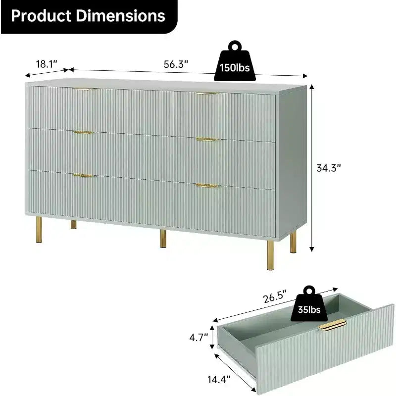 Commode moderne à 6 tiroirs pour chambre à coucher avec poignée dorée, chiffonnier et meuble de rangement pour salon, couloir, entrée