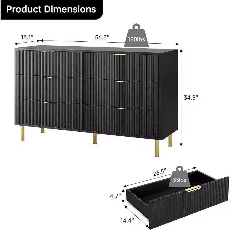 Commode moderne à 6 tiroirs pour chambre à coucher avec poignée dorée, chiffonnier et meuble de rangement pour salon, couloir, entrée