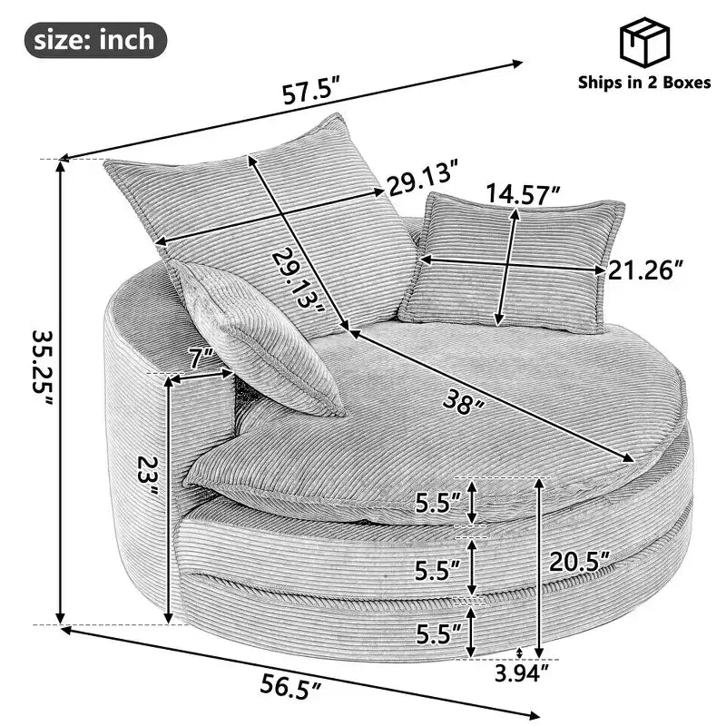 Fauteuil canapé rond pivotant Whisen en velours côtelé avec coussin double épaisseur et 3 oreillers amovibles