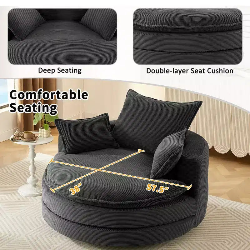 Fauteuil canapé rond pivotant Whisen en velours côtelé avec coussin double épaisseur et 3 oreillers amovibles