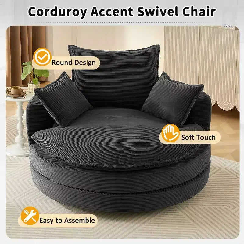 Fauteuil canapé rond pivotant Whisen en velours côtelé avec coussin double épaisseur et 3 oreillers amovibles