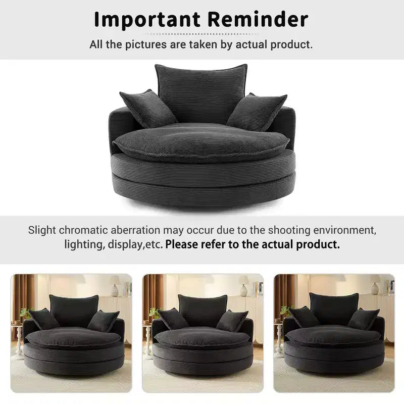 Fauteuil canapé rond pivotant Whisen en velours côtelé avec coussin double épaisseur et 3 oreillers amovibles