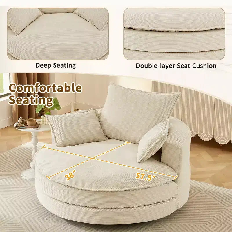 Fauteuil canapé rond pivotant Whisen en velours côtelé avec coussin double épaisseur et 3 oreillers amovibles