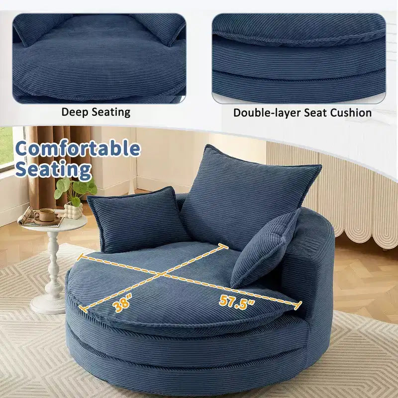 Fauteuil canapé rond pivotant Whisen en velours côtelé avec coussin double épaisseur et 3 oreillers amovibles