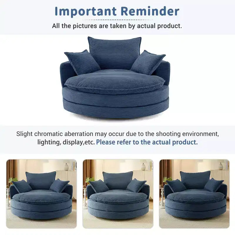 Fauteuil canapé rond pivotant Whisen en velours côtelé avec coussin double épaisseur et 3 oreillers amovibles