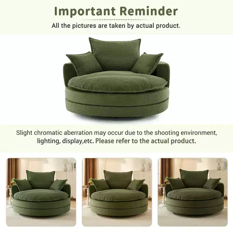 Fauteuil canapé rond pivotant Whisen en velours côtelé avec coussin double épaisseur et 3 oreillers amovibles
