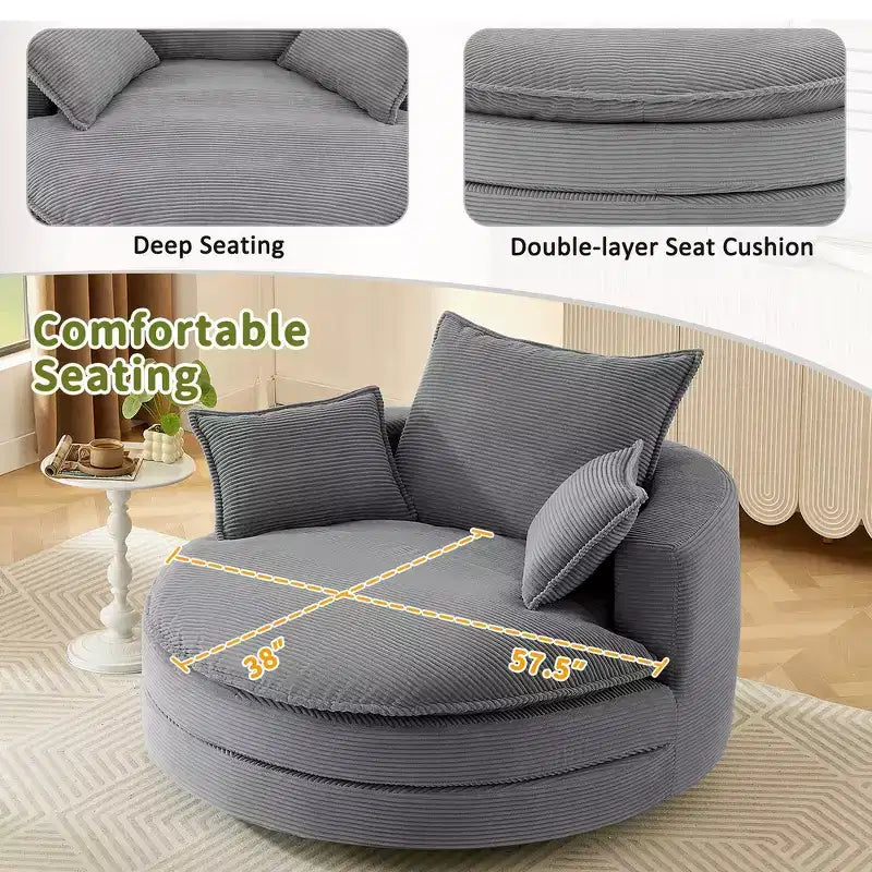 Fauteuil canapé rond pivotant Whisen en velours côtelé avec coussin double épaisseur et 3 oreillers amovibles