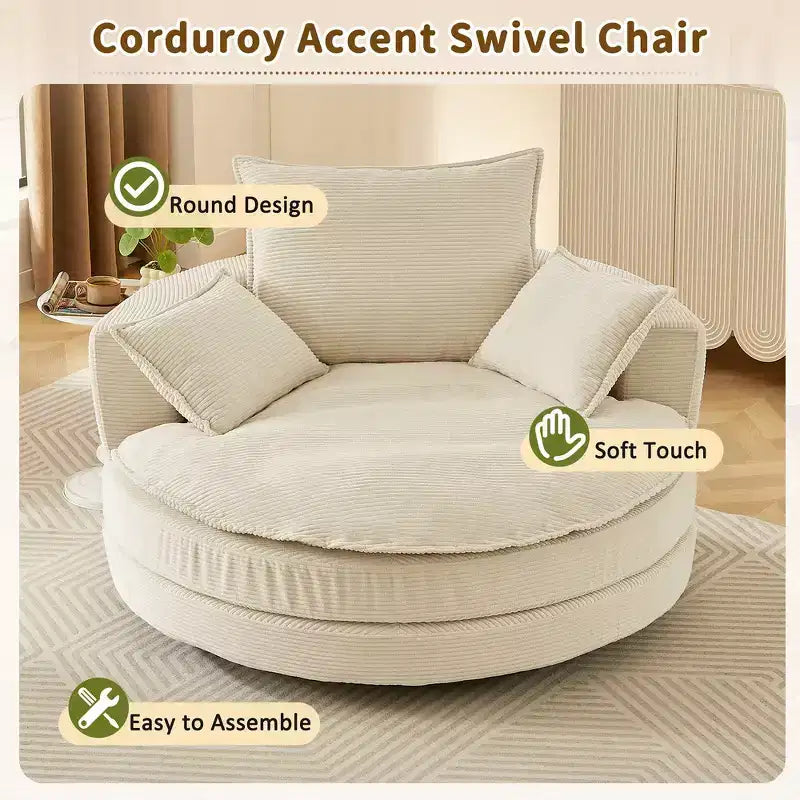 Fauteuil canapé rond pivotant Whisen en velours côtelé avec coussin double épaisseur et 3 oreillers amovibles