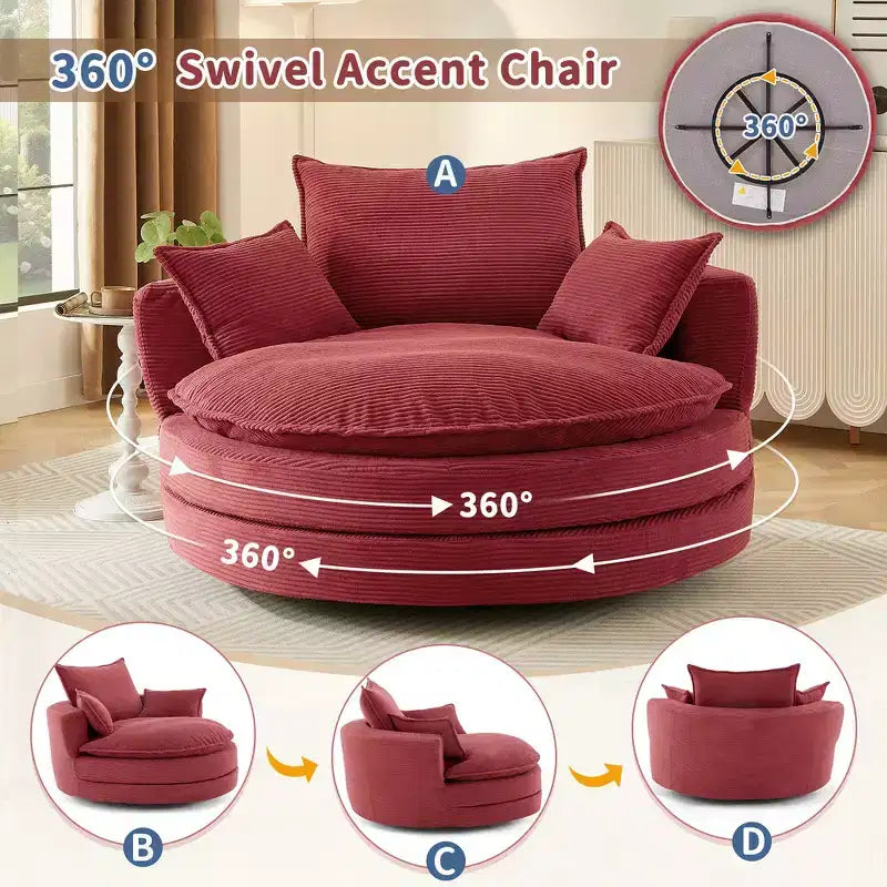 Fauteuil canapé rond pivotant Whisen en velours côtelé avec coussin double épaisseur et 3 oreillers amovibles