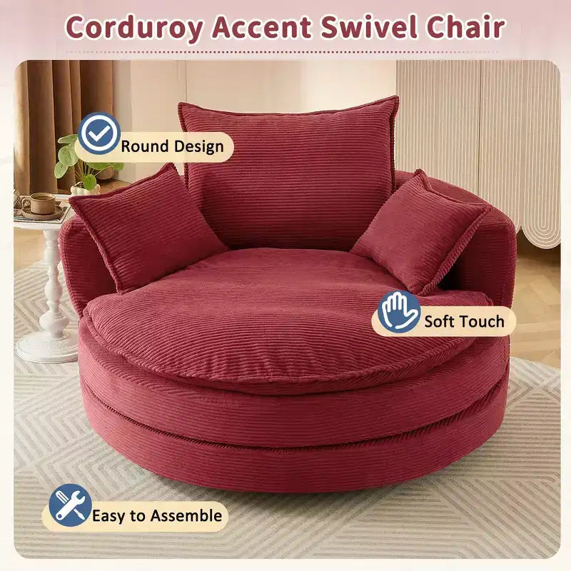 Fauteuil canapé rond pivotant Whisen en velours côtelé avec coussin double épaisseur et 3 oreillers amovibles