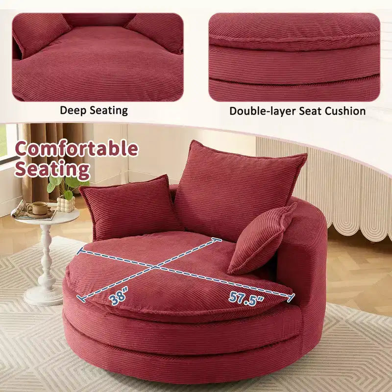 Fauteuil canapé rond pivotant Whisen en velours côtelé avec coussin double épaisseur et 3 oreillers amovibles