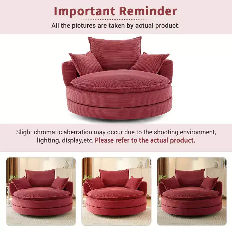 Fauteuil canapé rond pivotant Whisen en velours côtelé avec coussin double épaisseur et 3 oreillers amovibles