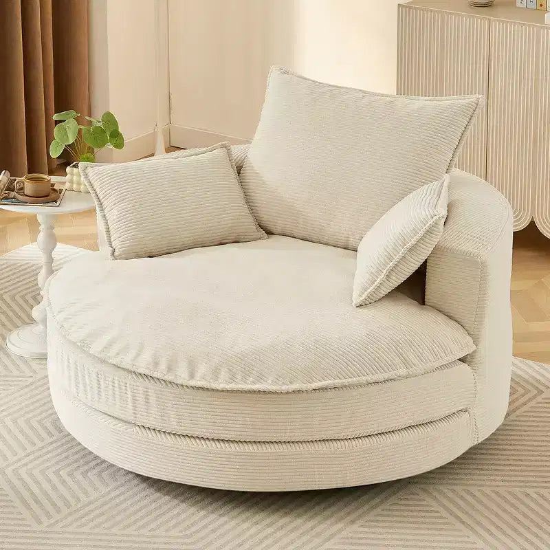 Whisen Corduroy Swivel Round Sofa Chair with Dual-layer Cushion Design and 3 Removable Pillows