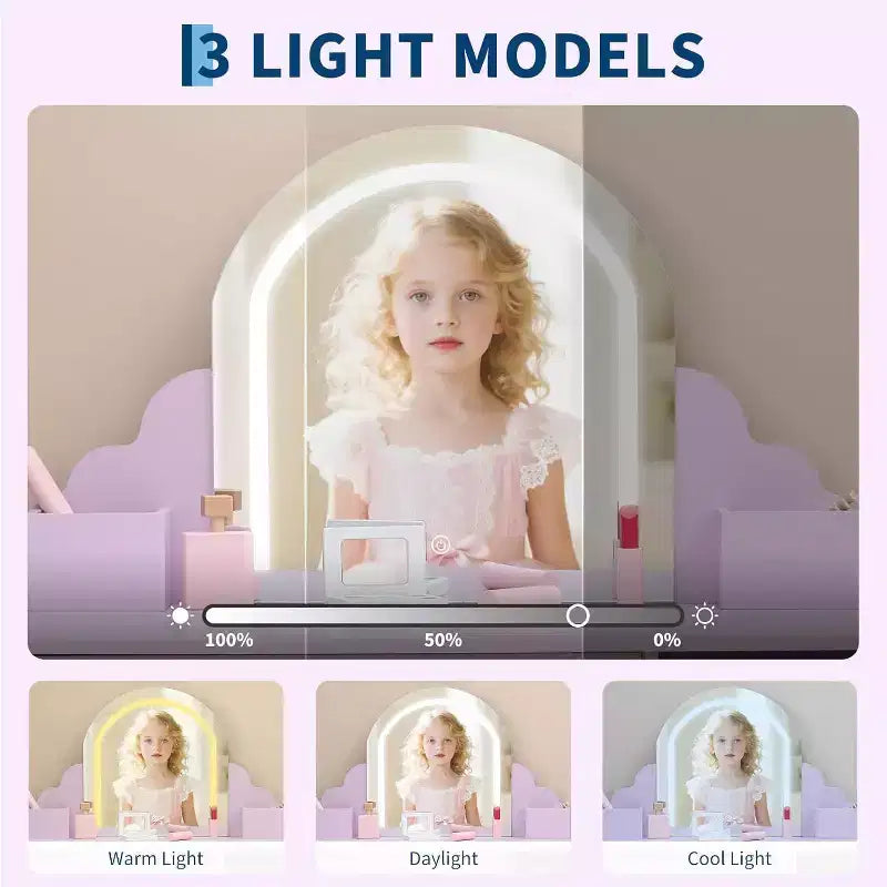 Coiffeuse Acekool pour enfants avec miroir et tabouret lumineux, LED réglables, tiroir, étagères de rangement, coiffeuse pour filles de 3 à 9 ans, Blanc