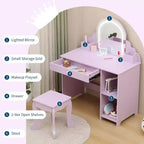 Coiffeuse Acekool pour enfants avec miroir et tabouret lumineux, LED réglables, tiroir, étagères de rangement, coiffeuse pour filles de 3 à 9 ans, Blanc