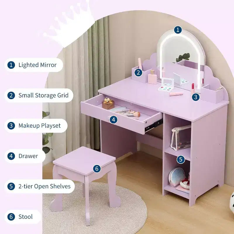 Coiffeuse Acekool pour enfants avec miroir et tabouret lumineux, LED réglables, tiroir, étagères de rangement, coiffeuse pour filles de 3 à 9 ans, Blanc