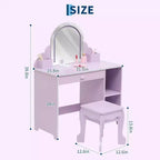 Coiffeuse Acekool pour enfants avec miroir et tabouret lumineux, LED réglables, tiroir, étagères de rangement, coiffeuse pour filles de 3 à 9 ans, Blanc