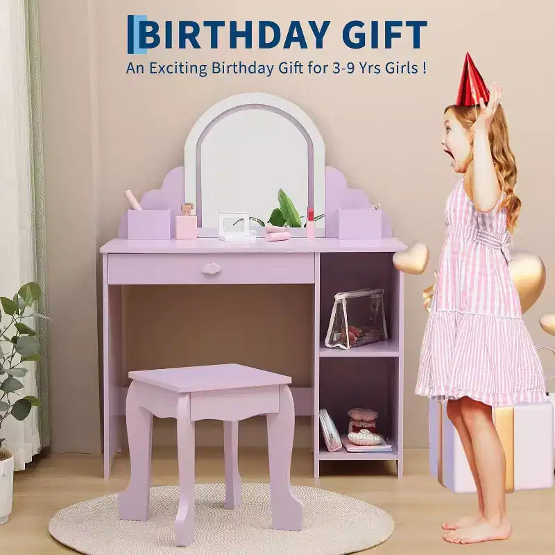 Coiffeuse Acekool pour enfants avec miroir et tabouret lumineux, LED réglables, tiroir, étagères de rangement, coiffeuse pour filles de 3 à 9 ans, Blanc