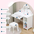 Coiffeuse Acekool pour enfants avec miroir et tabouret lumineux, LED réglables, tiroir, étagères de rangement, coiffeuse pour filles de 3 à 9 ans, Blanc