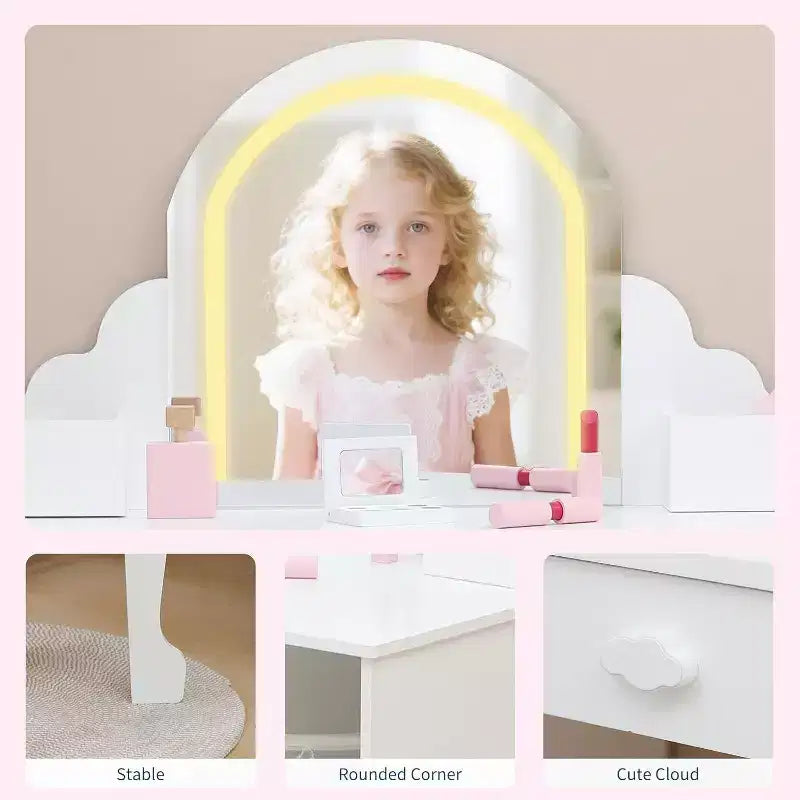 Coiffeuse Acekool pour enfants avec miroir et tabouret lumineux, LED réglables, tiroir, étagères de rangement, coiffeuse pour filles de 3 à 9 ans, Blanc