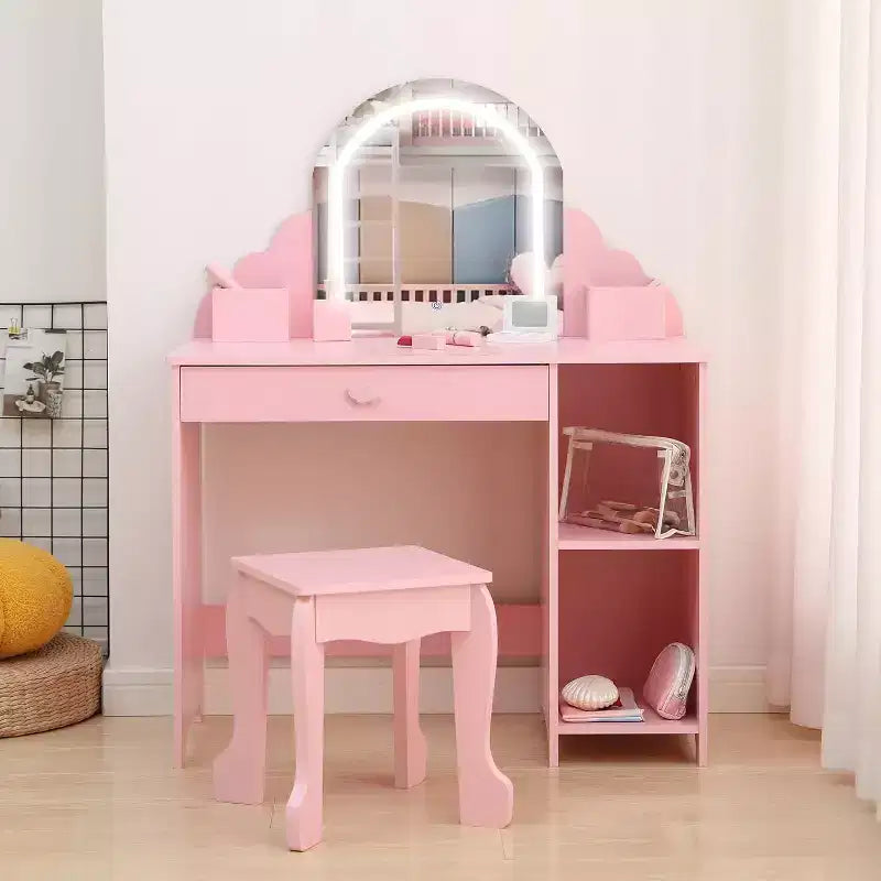 Coiffeuse Acekool pour enfants avec miroir et tabouret lumineux, LED réglables, tiroir, étagères de rangement, coiffeuse pour filles de 3 à 9 ans, Blanc