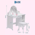 Coiffeuse Acekool pour enfants avec miroir et tabouret lumineux, LED réglables, tiroir, étagères de rangement, coiffeuse pour filles de 3 à 9 ans, Blanc