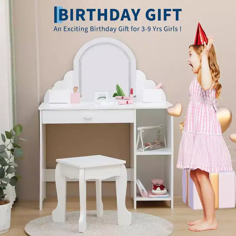 Coiffeuse Acekool pour enfants avec miroir et tabouret lumineux, LED réglables, tiroir, étagères de rangement, coiffeuse pour filles de 3 à 9 ans, Blanc