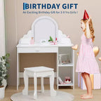 Coiffeuse Acekool pour enfants avec miroir et tabouret lumineux, LED réglables, tiroir, étagères de rangement, coiffeuse pour filles de 3 à 9 ans, Blanc