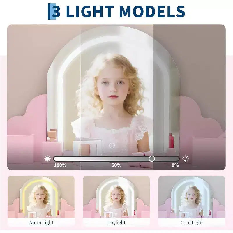 Coiffeuse Acekool pour enfants avec miroir et tabouret lumineux, LED réglables, tiroir, étagères de rangement, coiffeuse pour filles de 3 à 9 ans, Blanc