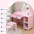 Coiffeuse Acekool pour enfants avec miroir et tabouret lumineux, LED réglables, tiroir, étagères de rangement, coiffeuse pour filles de 3 à 9 ans, Blanc