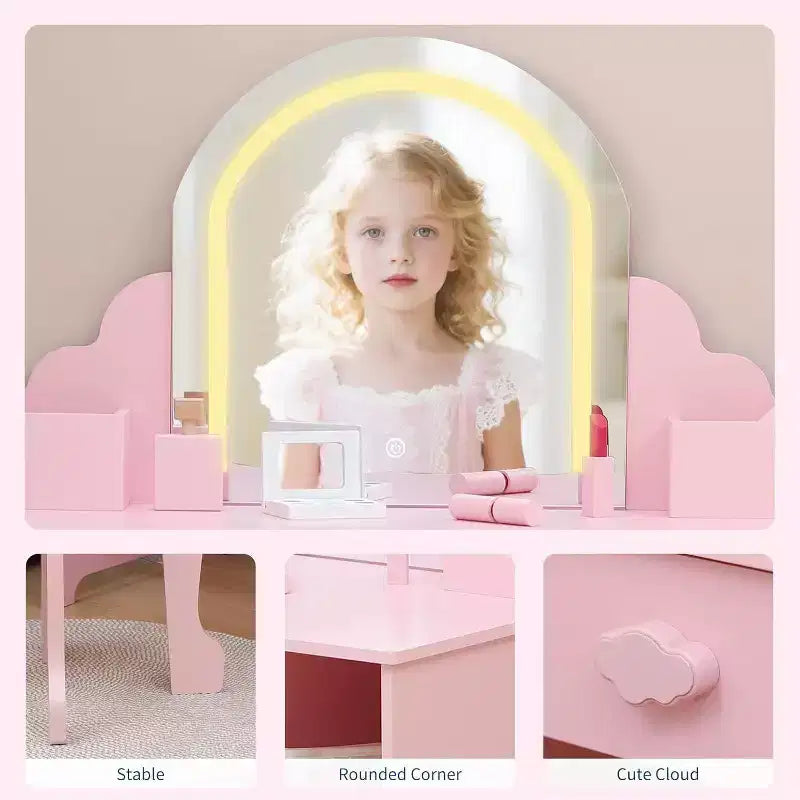 Coiffeuse Acekool pour enfants avec miroir et tabouret lumineux, LED réglables, tiroir, étagères de rangement, coiffeuse pour filles de 3 à 9 ans, Blanc