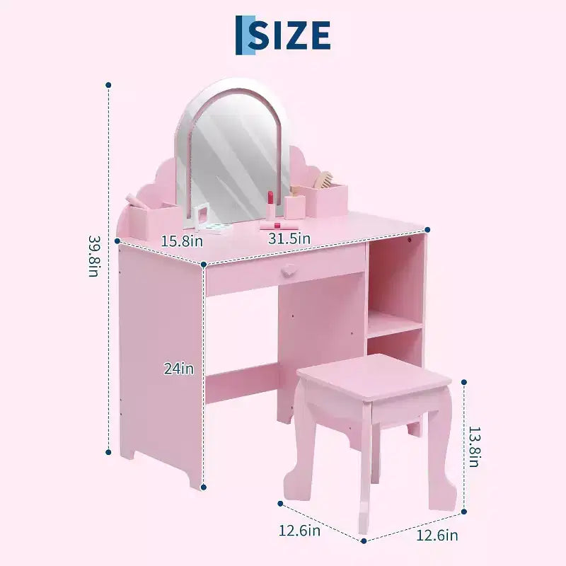 Coiffeuse Acekool pour enfants avec miroir et tabouret lumineux, LED réglables, tiroir, étagères de rangement, coiffeuse pour filles de 3 à 9 ans, Blanc