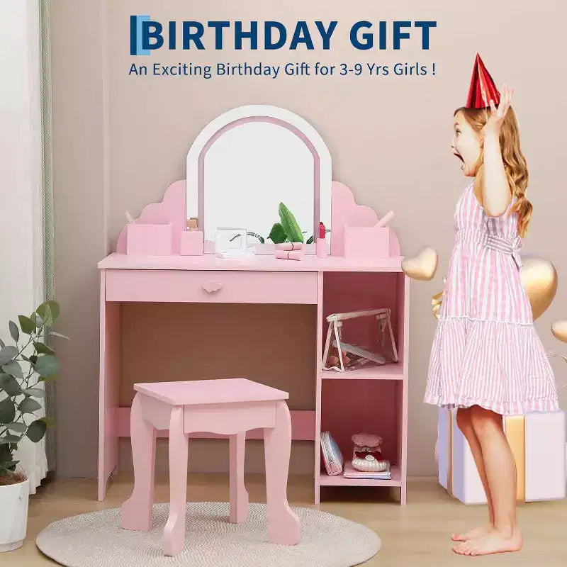 Coiffeuse Acekool pour enfants avec miroir et tabouret lumineux, LED réglables, tiroir, étagères de rangement, coiffeuse pour filles de 3 à 9 ans, Blanc