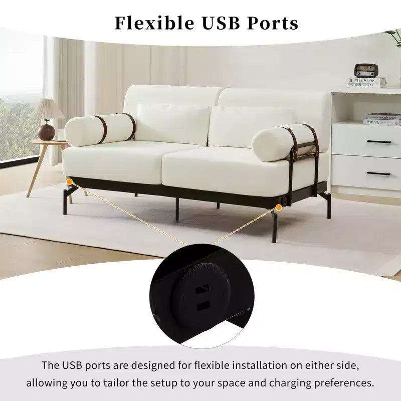 Causeuse moderne Whisen Chenille avec ports USB flexibles, accoudoirs cylindriques uniques