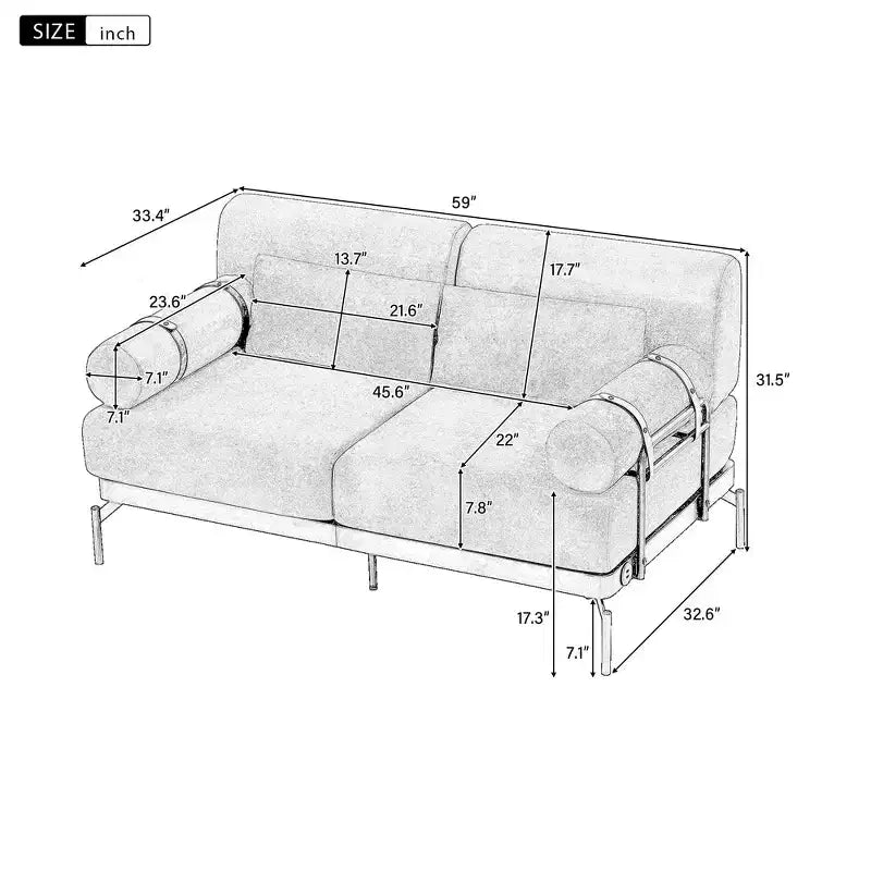 Causeuse moderne Whisen Chenille avec ports USB flexibles, accoudoirs cylindriques uniques