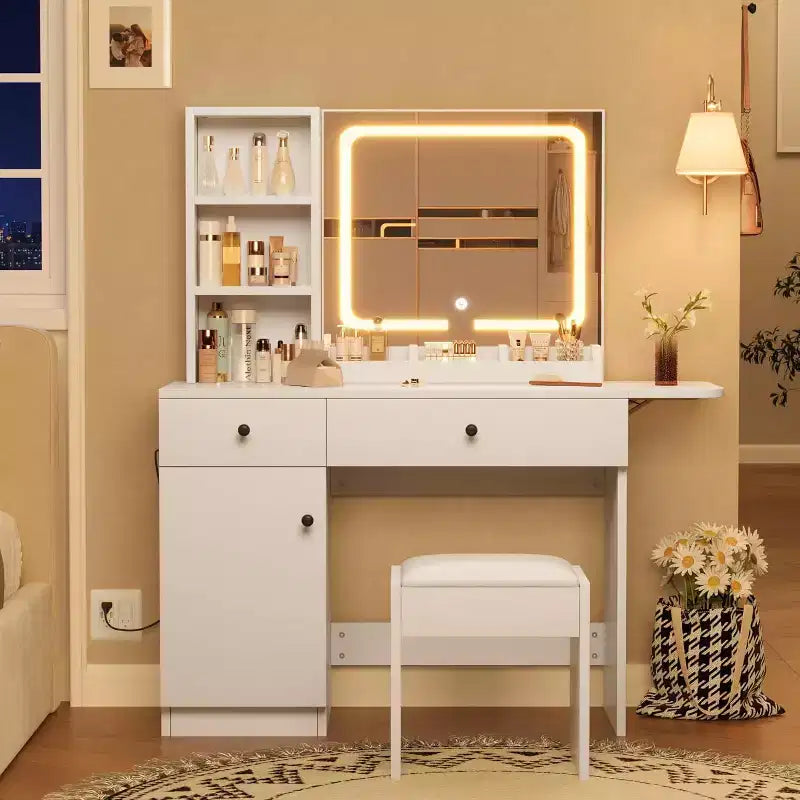 Makeup Vanity Desk with Mirror and Lights, Vanity Table Set with Drawer & Power Outlet  Chair & 3 Shelves, Bedroom