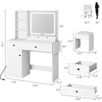 Coiffeuse de Maquillage avec Miroir et Lumières, Ensemble Coiffeuse avec Tiroir et Prise Électrique, Chaise et 3 Étagères, Chambre